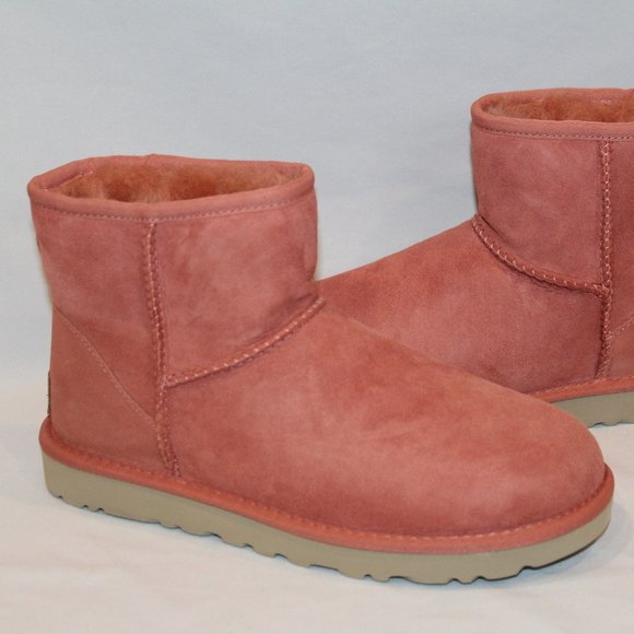 NIB UGG WOMEN'S MINI SUEDE SHEARLING LINED ANKLE BOOTS BOOTIES CORAL PINK - Picture 3 of 8